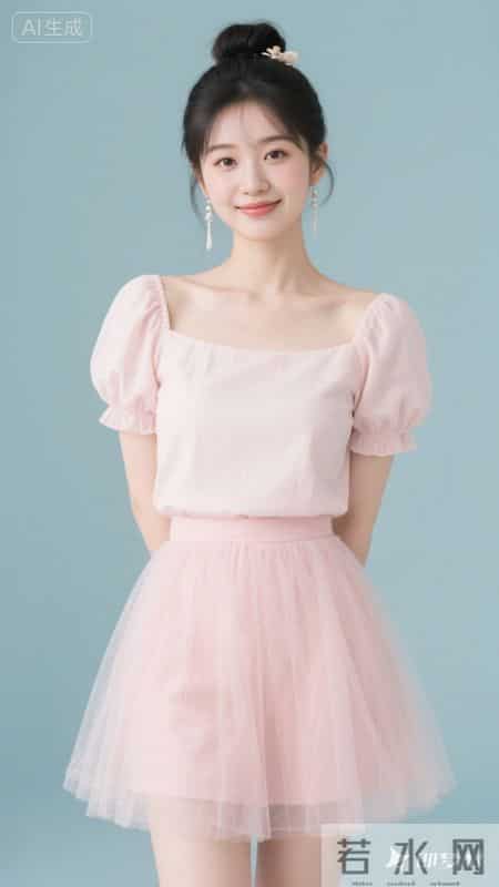 浅粉方领泡泡袖上衣配网纱短裙，清甜又温柔