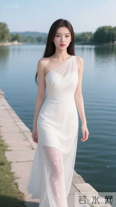 穿一身象牙白纱质斜肩连衣裙的女人，温柔端庄在湖边堤岸上。