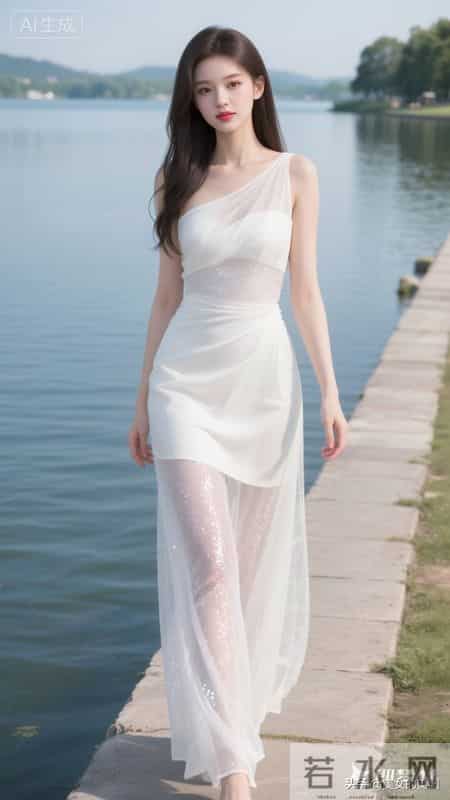 穿一身象牙白纱质斜肩连衣裙的女人，温柔端庄在湖边堤岸上。
