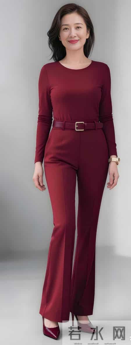 穿酒红色套装的中年美女