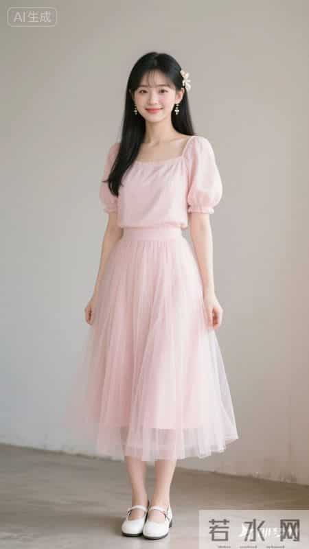 浅粉方领泡泡袖上衣配网纱短裙，清甜又温柔