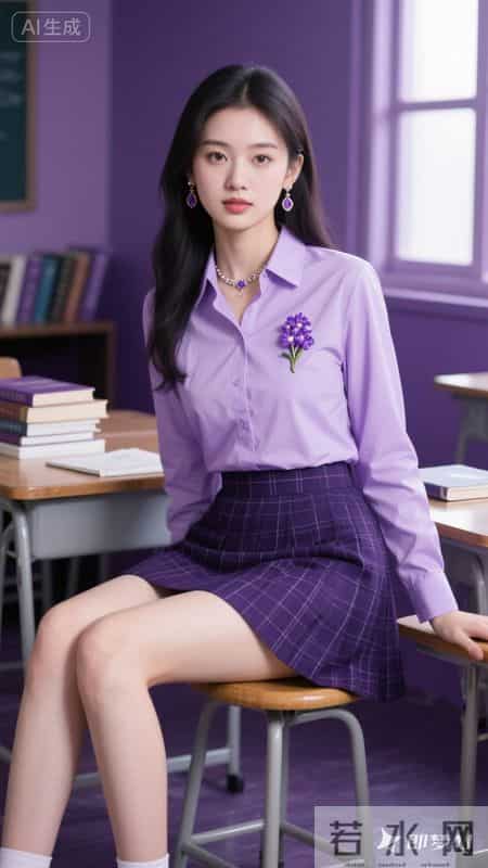 浅紫衬衫配格纹短裙,是青春里的一抹亮色