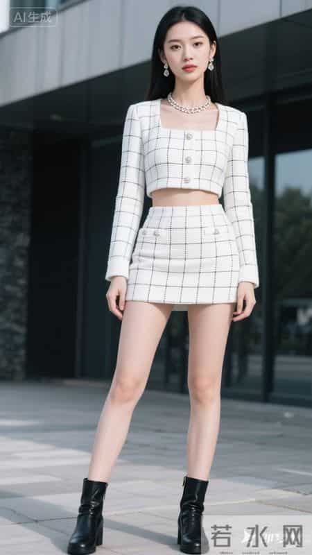 身着白格纹小香风套装，搭配黑靴，尽显精致利落的时尚感