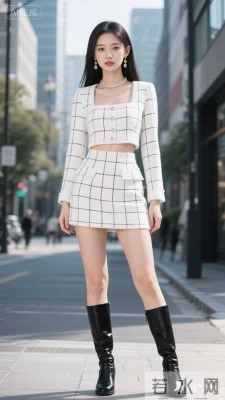身着白格纹小香风套装，搭配黑靴，尽显精致利落的时尚感