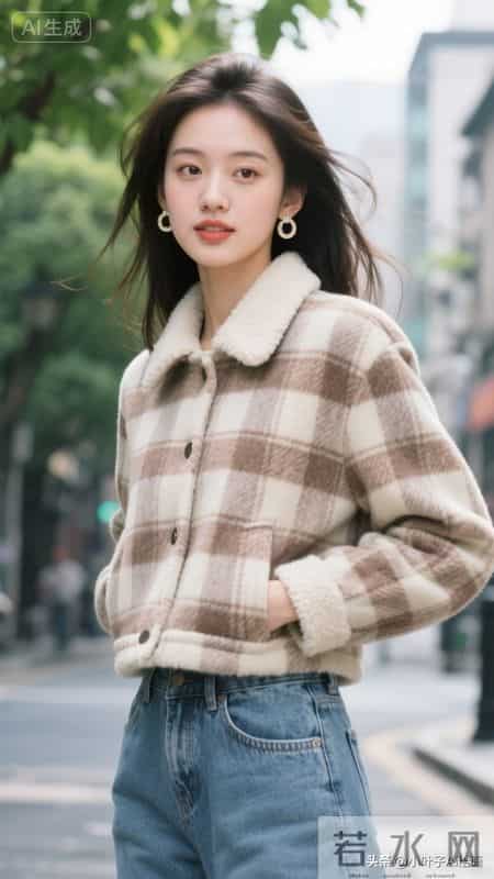 温暖复古的秋日街头风~格纹短款外套搭配毛绒领，内搭白T+牛仔裤