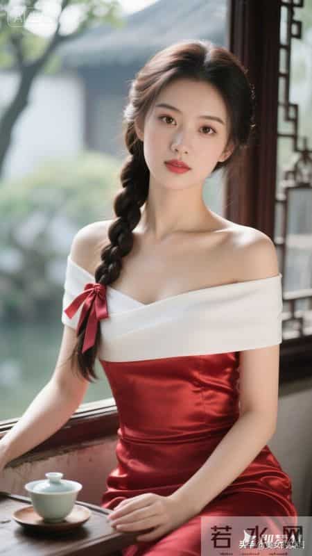 美女清新脱俗，穿真丝淡红色华丽紧身衣裙，美极了