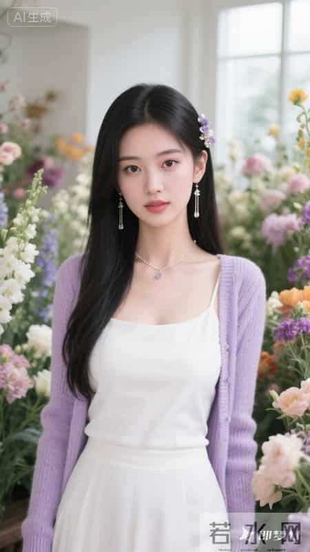 花房里，穿纯白抹胸裙搭淡紫开衫，于缤纷花簇间静立，温柔又清甜